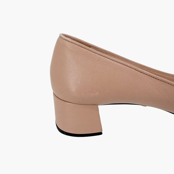 Prada Cap Toe Logo Ballet Pumps Heels Beige Leather Size 40 US 10 Block Heel